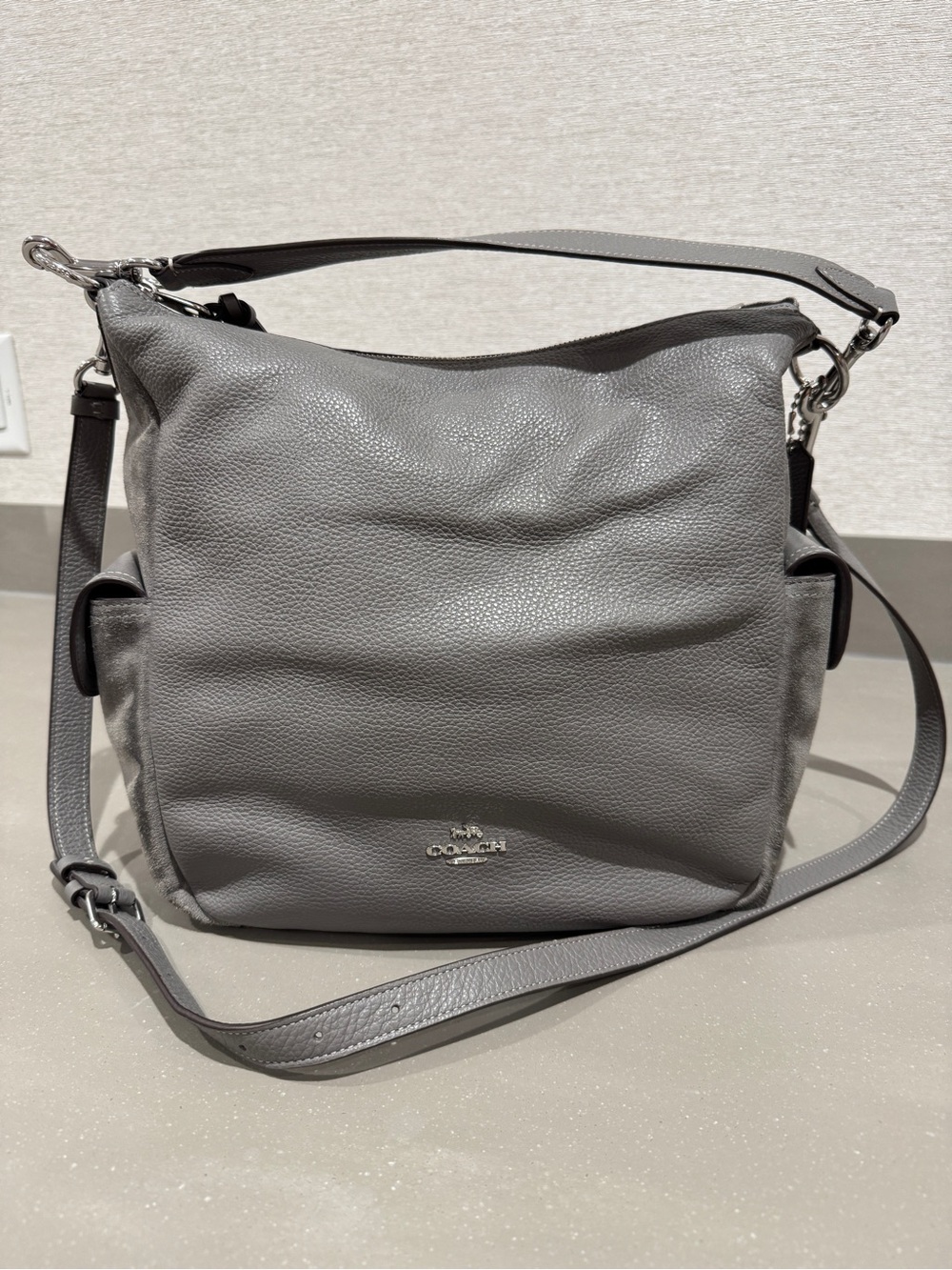Coach Pennie Pebbled Leather and Suede Shoulder Bag in Gray